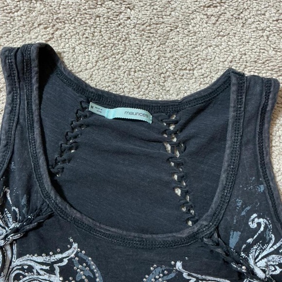 Maurices Black Embellished Goth Tribal Design Racerback Tank Top Grunge Womens M - Picture 3 of 7